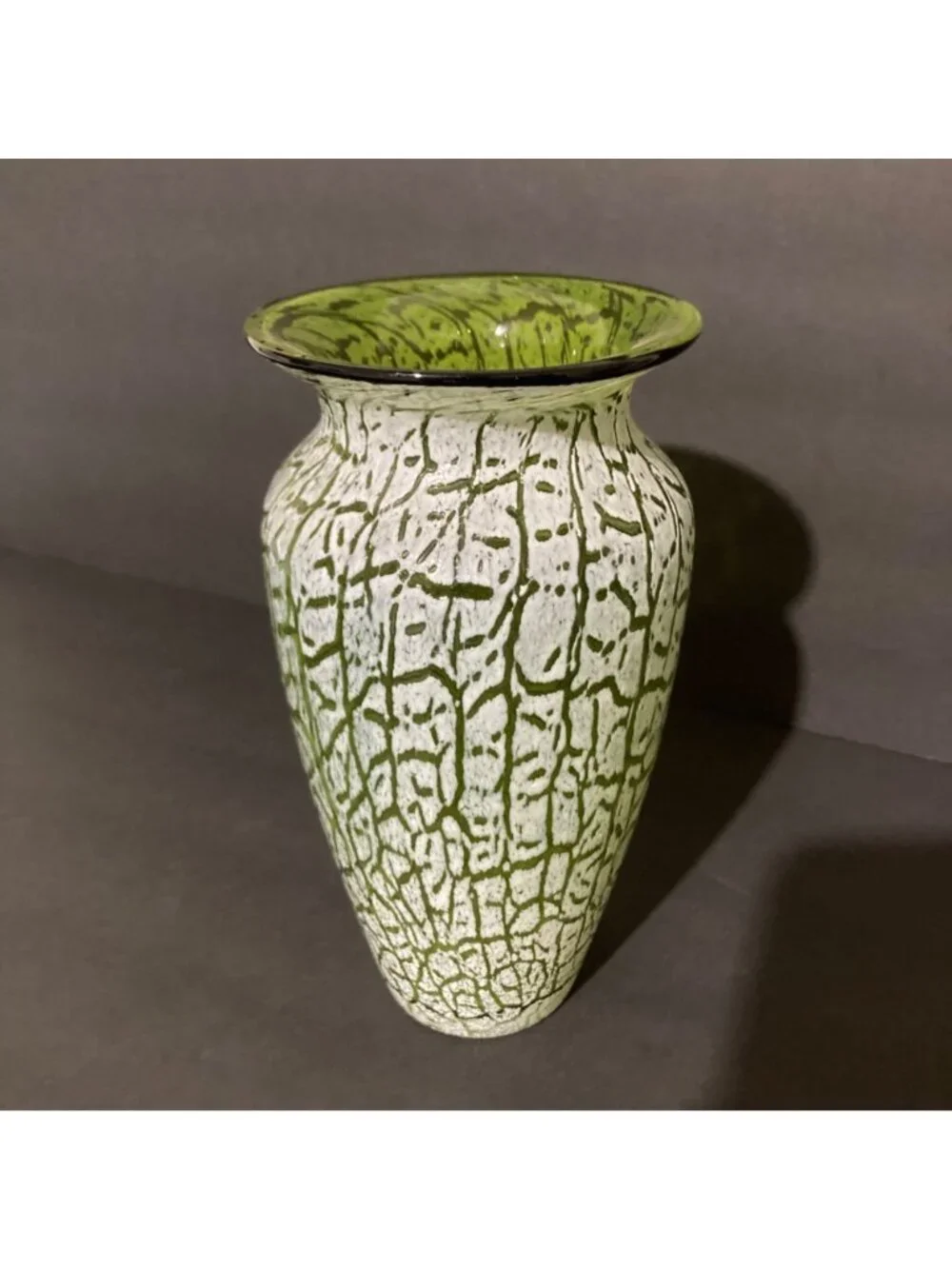 Hand Blown Green With White Crackle Overlay Vase